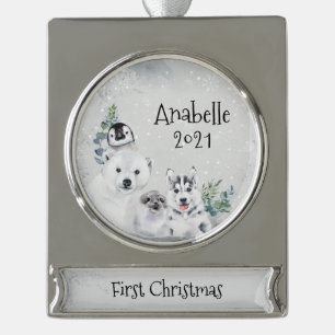 Winter Holiday Arctic Animal 1st Christmas  Silver Plated Banner Ornament