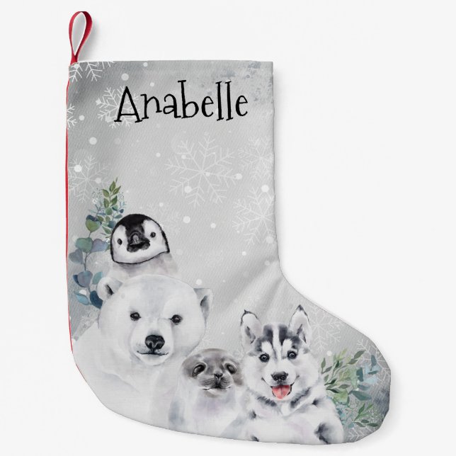 Winter Holiday Arctic Animal Christmas  Penguin  Small Christmas Stocking (Front)