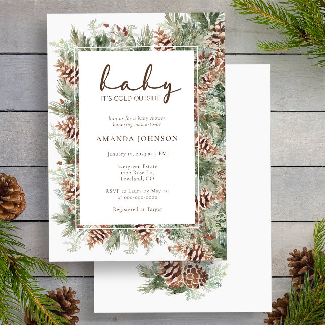 Winter Holiday Baby Shower Invitation (Pinecone Evergreen Winter Holiday Baby Shower Invitation by Painted Paperie
)