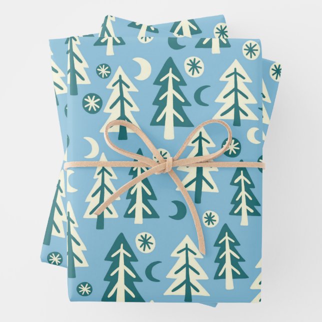 Winter Holiday Blue Green Trees Pattern Gift Wrapping Paper Sheet (In situ)