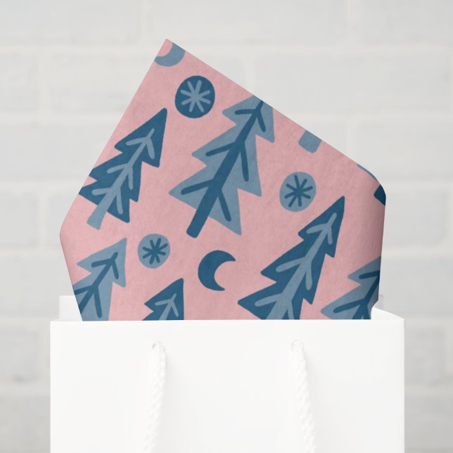 Winter Holiday Blue Pink Tree Pattern Christmas Tissue Paper (Gift Bag)