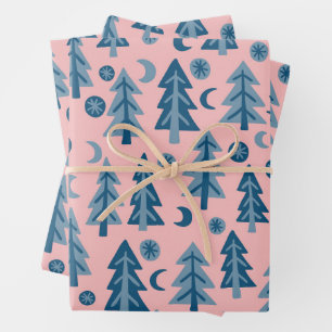 Winter Holiday Blue Pink Trees Pattern Gift Wrapping Paper Sheet
