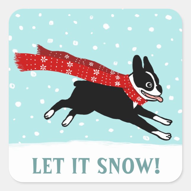Winter Holiday Boston Terrier Let it Snow Dog Xmas Square Sticker (Front)
