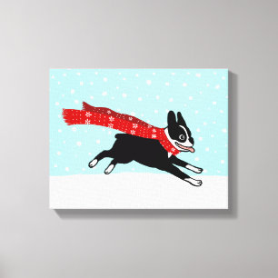 Winter Holiday Boston Terrier Wearing Red Scarf Canvas Print