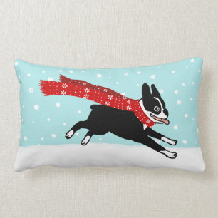 Winter Holiday Boston Terrier Wearing Red Scarf Lumbar Cushion