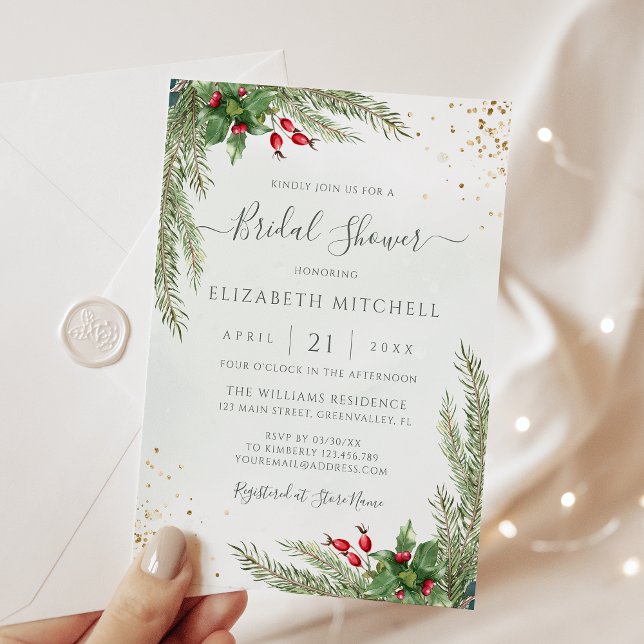 Winter Holiday Botanical Greenery Bridal Shower Invitation (Creator Uploaded)