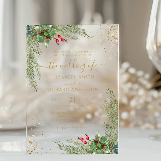 Winter Holiday Botanical Greenery Wedding Acrylic Invitations (Creator Uploaded)
