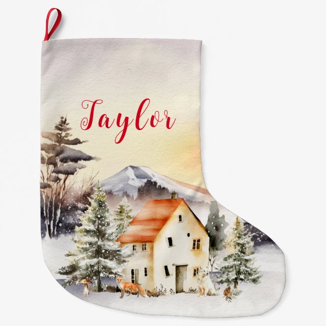 Winter Holiday Christmas Cottage Large Christmas Stocking (Front)