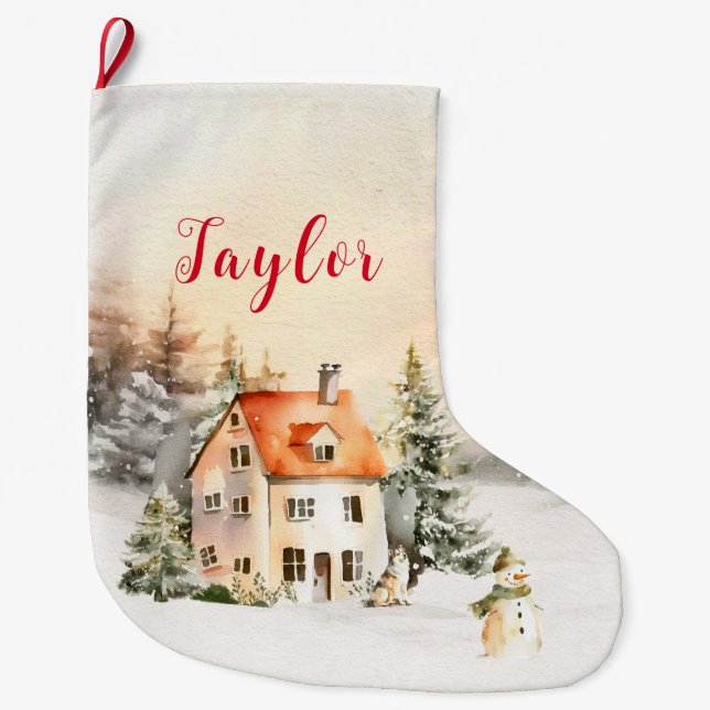 Winter Holiday Christmas Cottage Large Christmas Stocking (Front)