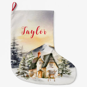 Winter Holiday Christmas Cottage Large Christmas Stocking