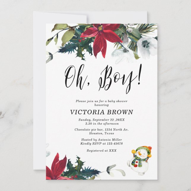 Winter Holiday Christmas Poinsettia Baby Shower  Invitation (Front)