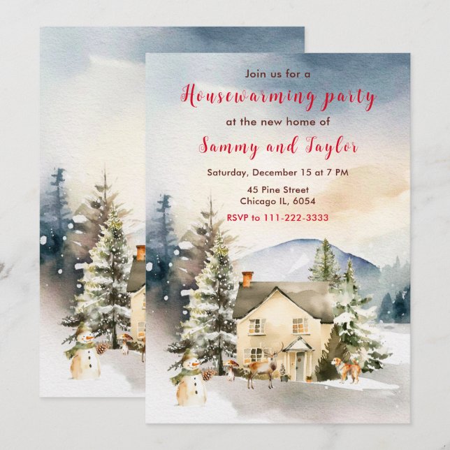 Winter Holiday Cottage Housewarming Party Invitation (Front/Back)