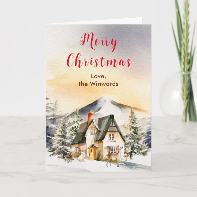 Winter Holiday Cottage Merry Christmas Card (Front)