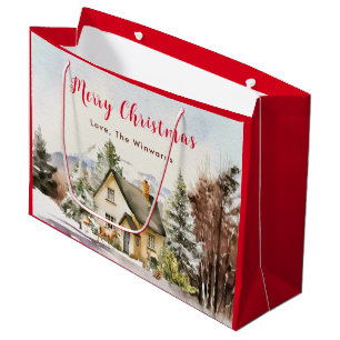 Winter Holiday Cottage Merry Christmas Large Gift Bag