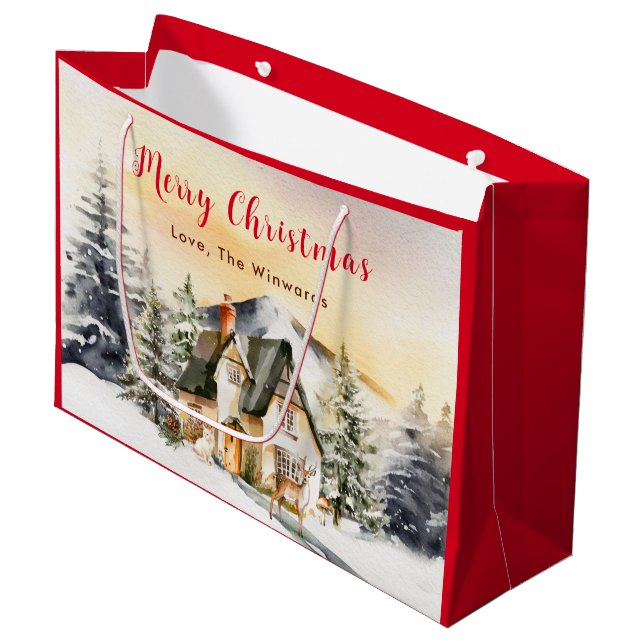 Winter Holiday Cottage Merry Christmas Large Gift Bag (Front Angled)
