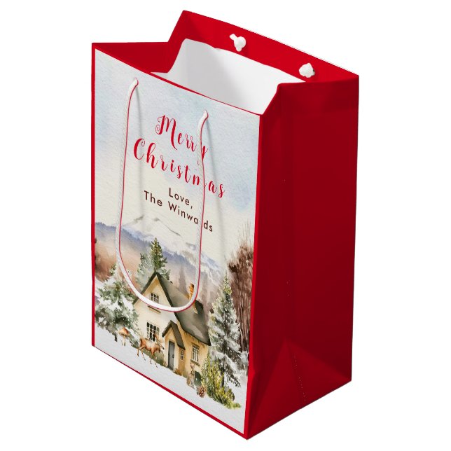 Winter Holiday Cottage Merry Christmas Medium Gift Bag (Front Angled)