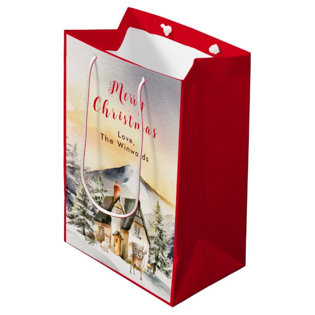 Winter Holiday Cottage Merry Christmas Medium Gift Bag (Front Angled)