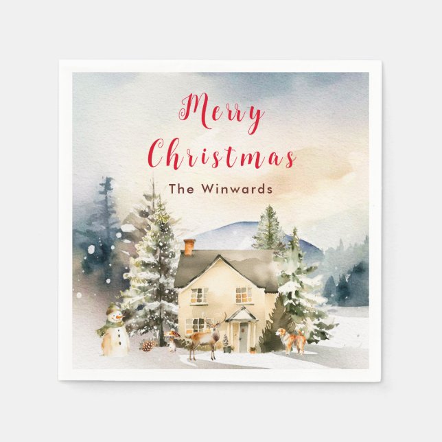 Winter Holiday Cottage Merry Christmas Napkin (Front)