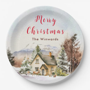 Winter Holiday Cottage Merry Christmas Paper Plate
