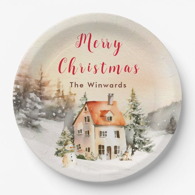 Winter Holiday Cottage Merry Christmas Paper Plate (Front)