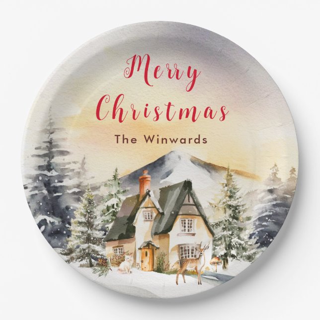 Winter Holiday Cottage Merry Christmas Paper Plate (Front)