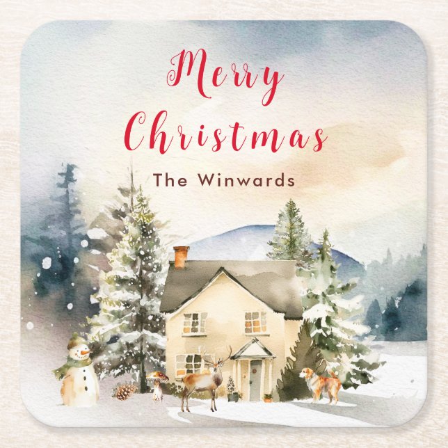 Winter Holiday Cottage Merry Christmas Square Paper Coaster (Front)
