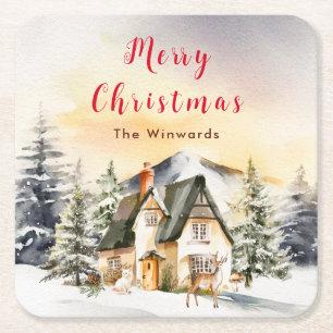 Winter Holiday Cottage Merry Christmas Square Paper Coaster