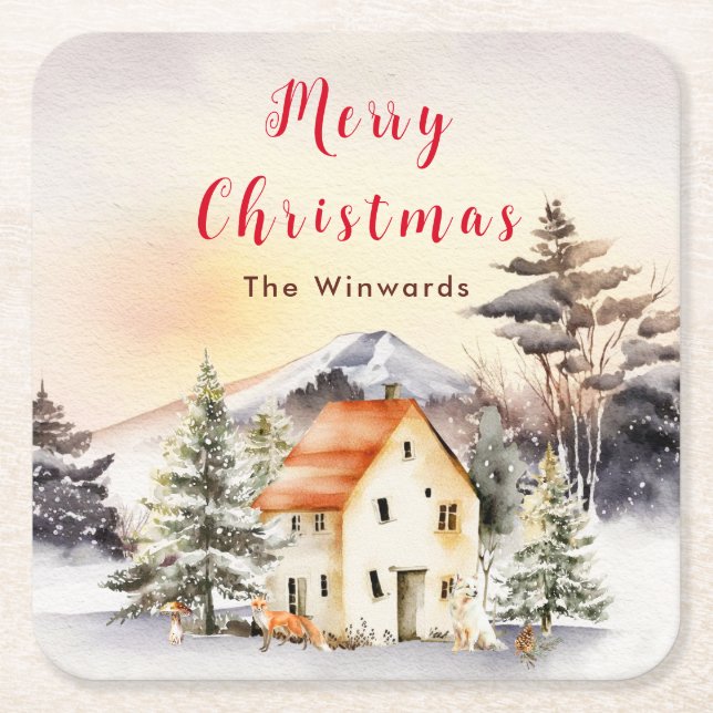 Winter Holiday Cottage Merry Christmas Square Paper Coaster (Front)