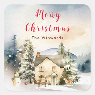 Winter Holiday Cottage Merry Christmas Square Sticker