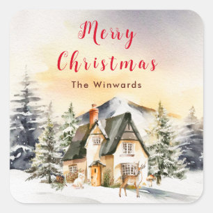 Winter Holiday Cottage Merry Christmas Square Sticker