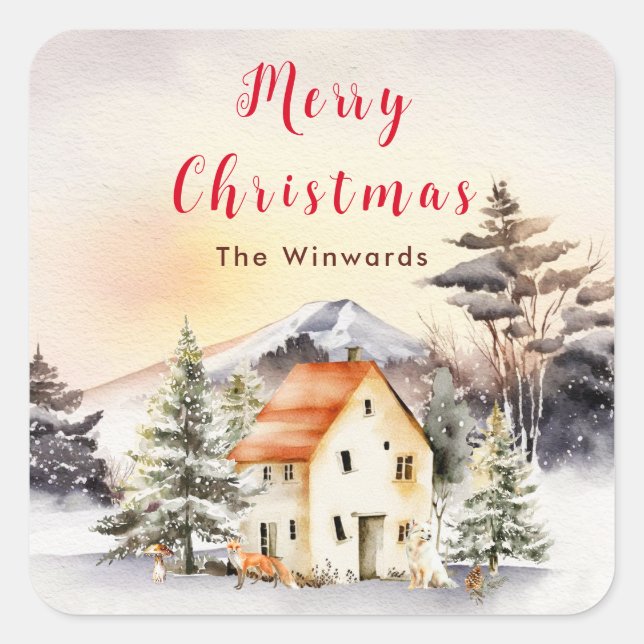 Winter Holiday Cottage Merry Christmas Square Sticker (Front)