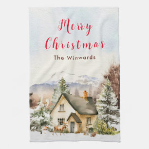 Winter Holiday Cottage Merry Christmas Tea Towel