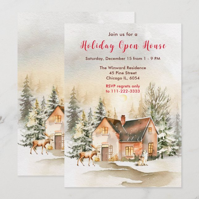 Winter Holiday Cottage Open House Invitation (Front/Back)