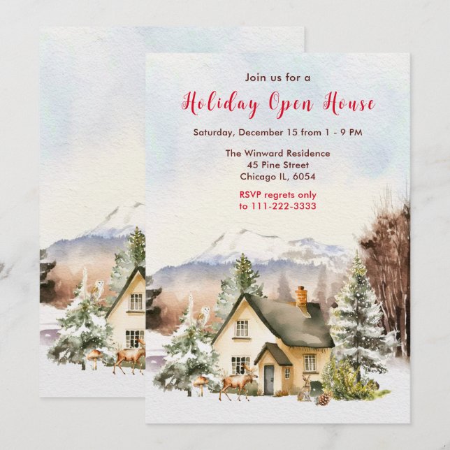 Winter Holiday Cottage Open House Invitation (Front/Back)