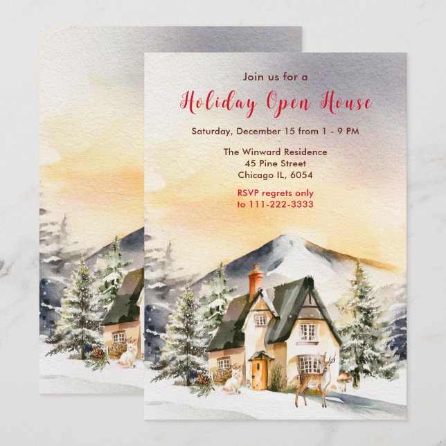 Winter Holiday Cottage Open House Invitation (Front/Back)