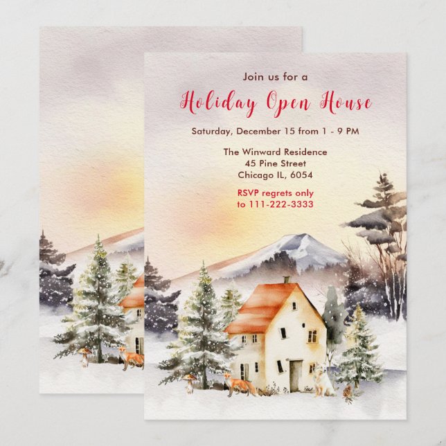 Winter Holiday Cottage Open House Invitation (Front/Back)