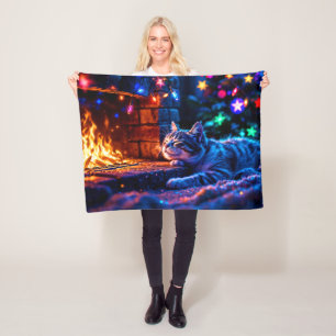 Winter holiday cute cat Christmas lights Fleece Blanket
