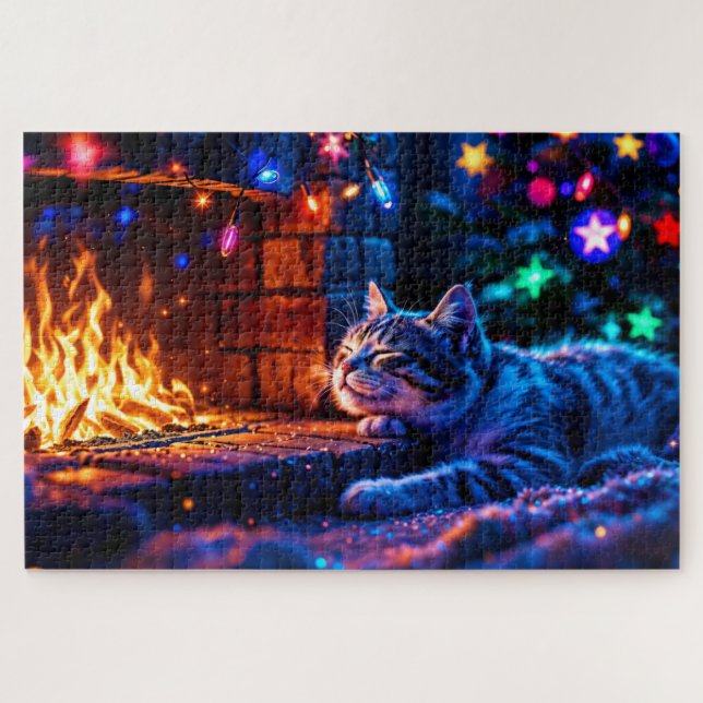 Winter holiday cute cat Christmas lights  Jigsaw Puzzle (Horizontal)