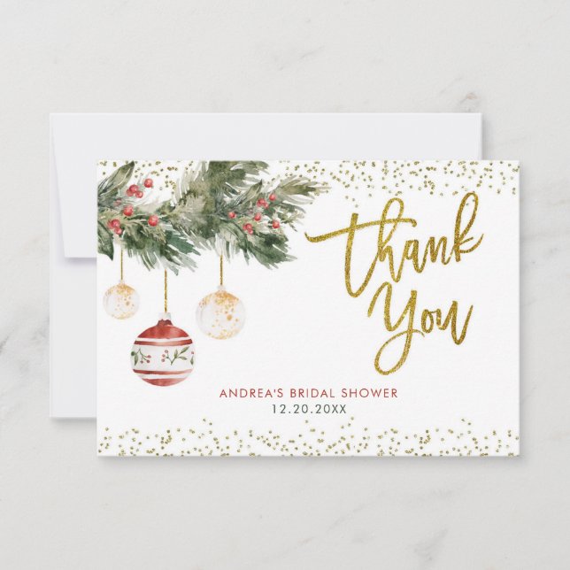Winter Holiday Deck the Halls Bridal Shower Thank You Card (Front)