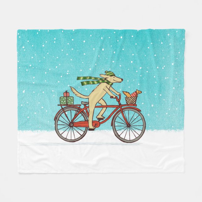 Winter Holiday Dog and Squirrel Bike Ride Funny Fleece Blanket (Front (Horizontal))