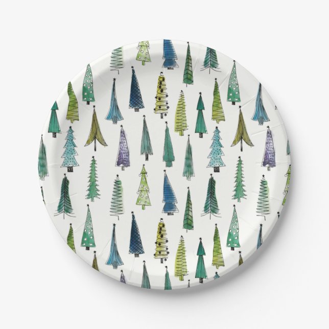 Winter Holiday Evergreen Trees Paper Plate (Front)