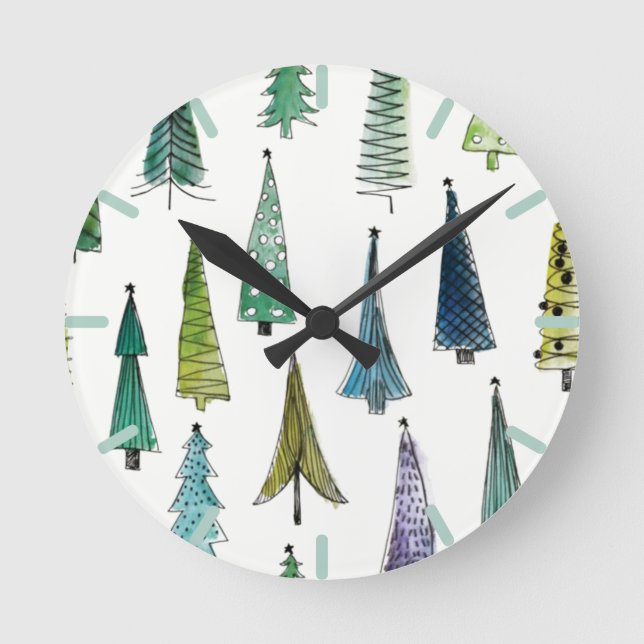 Winter Holiday Evergreen Trees Round Clock (Front)
