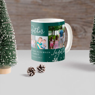 Winter holiday family 4 photo collage snowflakes coffee mug