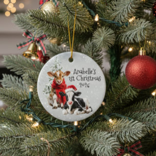 Winter Holiday Farm Cow 1st Christmas  Ceramic Tree Decoration