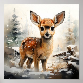 Winter Holiday Forest Scene Cute Baby Dear Poster