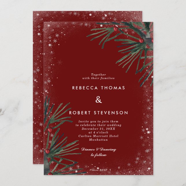 winter holiday glitter pine berry wedding invitation (Front/Back)