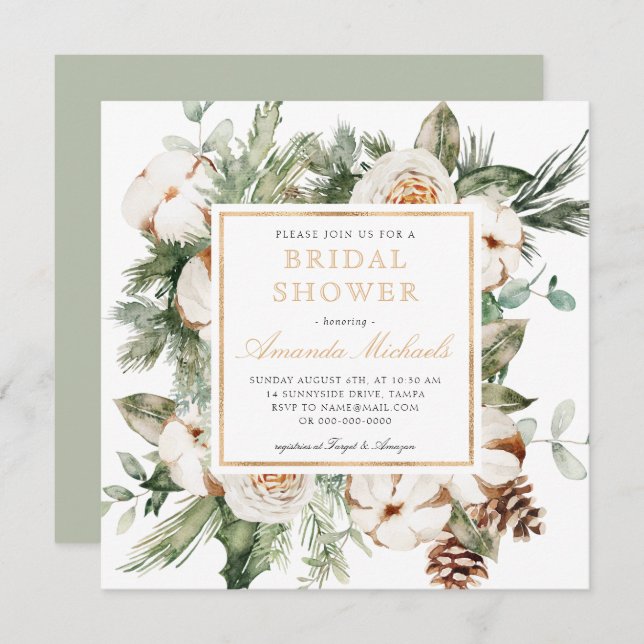 Winter Holiday Greenery Pine Gold Bridal Shower Invitation (Front/Back)