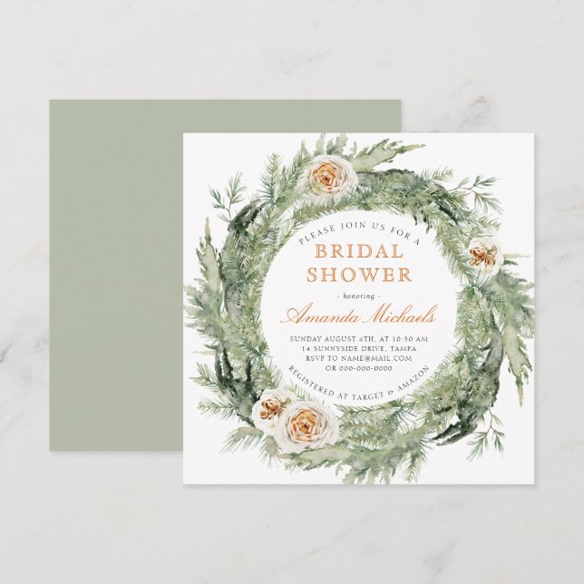 Winter Holiday Greenery Pine Rose Bridal Shower Invitation (Front/Back)