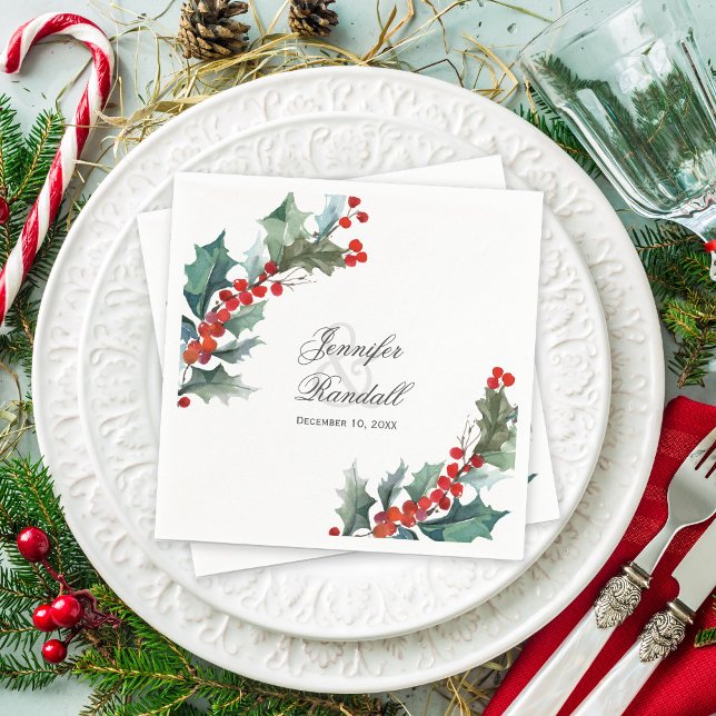 Winter Holiday Greenery Watercolor Wedding Napkin (Creator Uploaded)