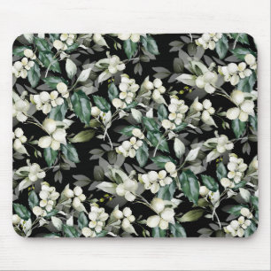 Winter holiday holly branches black pattern mouse mat